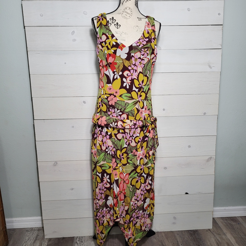 Los Angeles Gal Asymetrical Maxi Dress Retro Tropical Floral Sleeveless BOHO